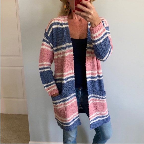 Pink, Blue & Off White Stripe Popcorn Texture Open Cardigan - Picture 2 of 10